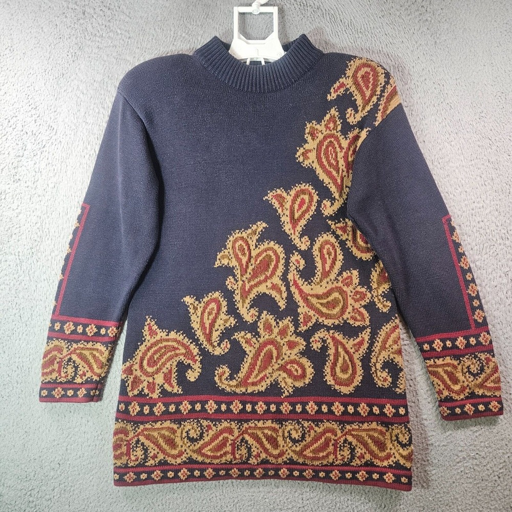 VTG Marisa Christina Long Sweater Women Small Crew Neck Paisley Navy - Pls Read